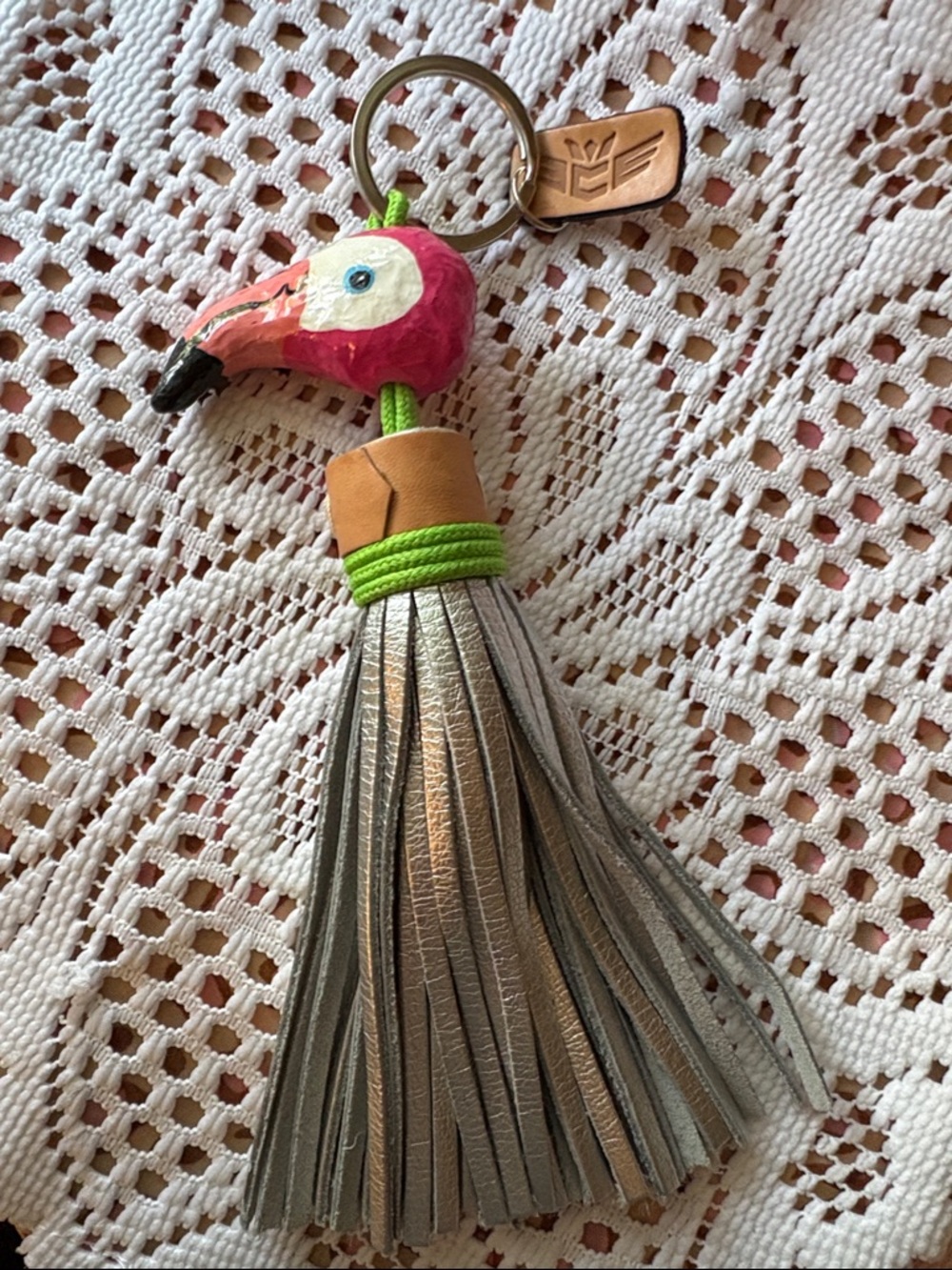 Consuela Pink Flamingo Tassel Keychain with Silver Fringe